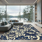 Navy Blue Floral Scroll Pattern Rug