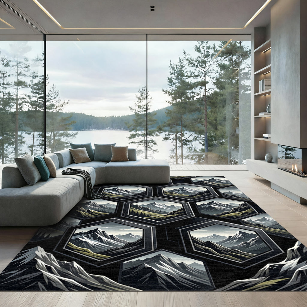 Hexagon Mountain Landscape Black Gray Rug