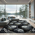 Hexagon Mountain Landscape Black Gray Rug