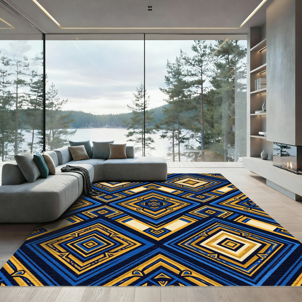 Geometric Gold and Deep Blue Diamond Rug