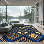 Geometric Gold and Deep Blue Diamond Rug