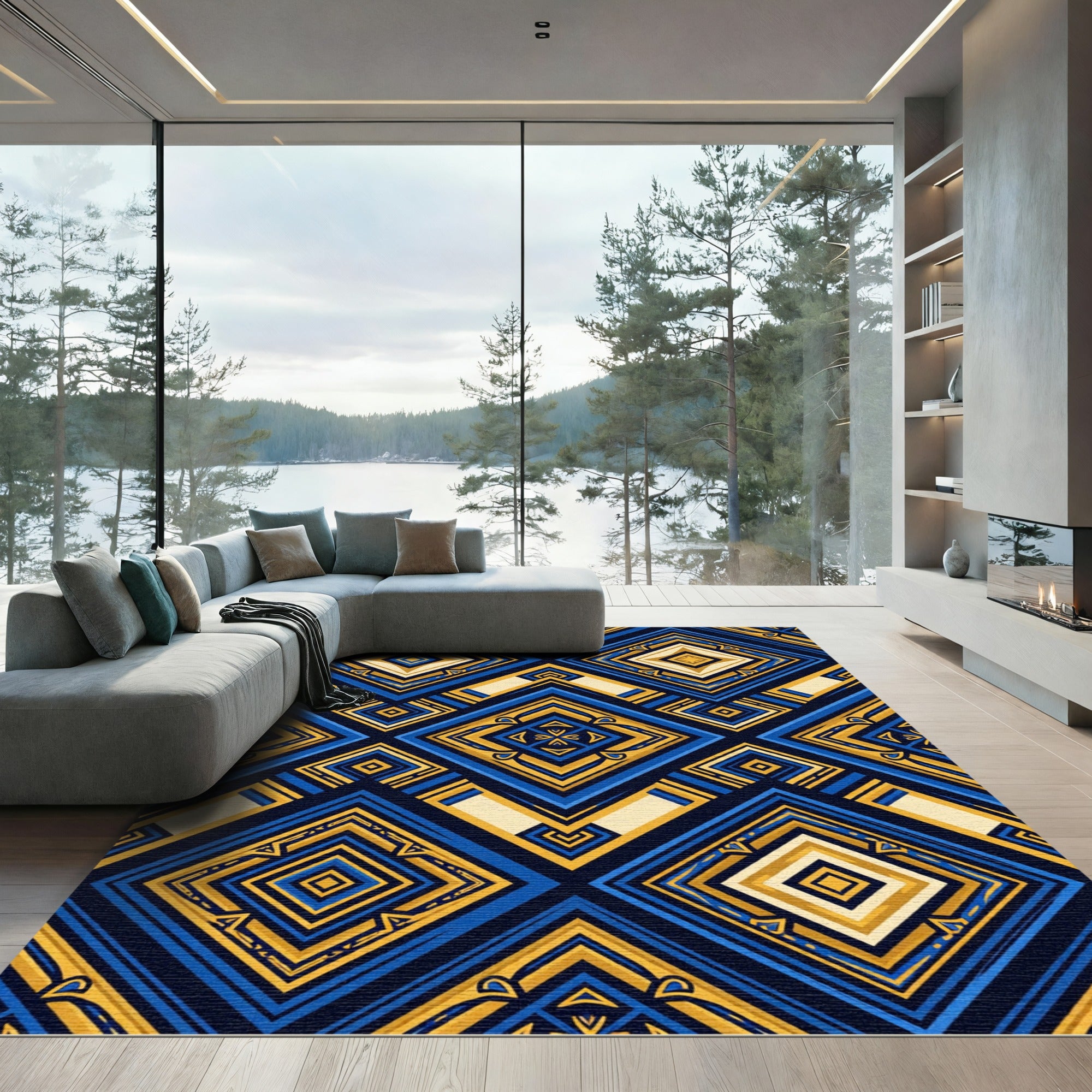Geometric Gold and Deep Blue Diamond Rug