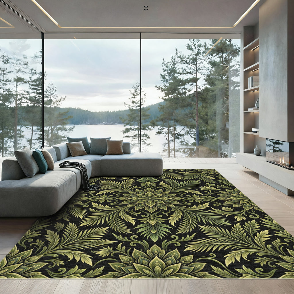 Ornate Greenery Black Medallion Rug