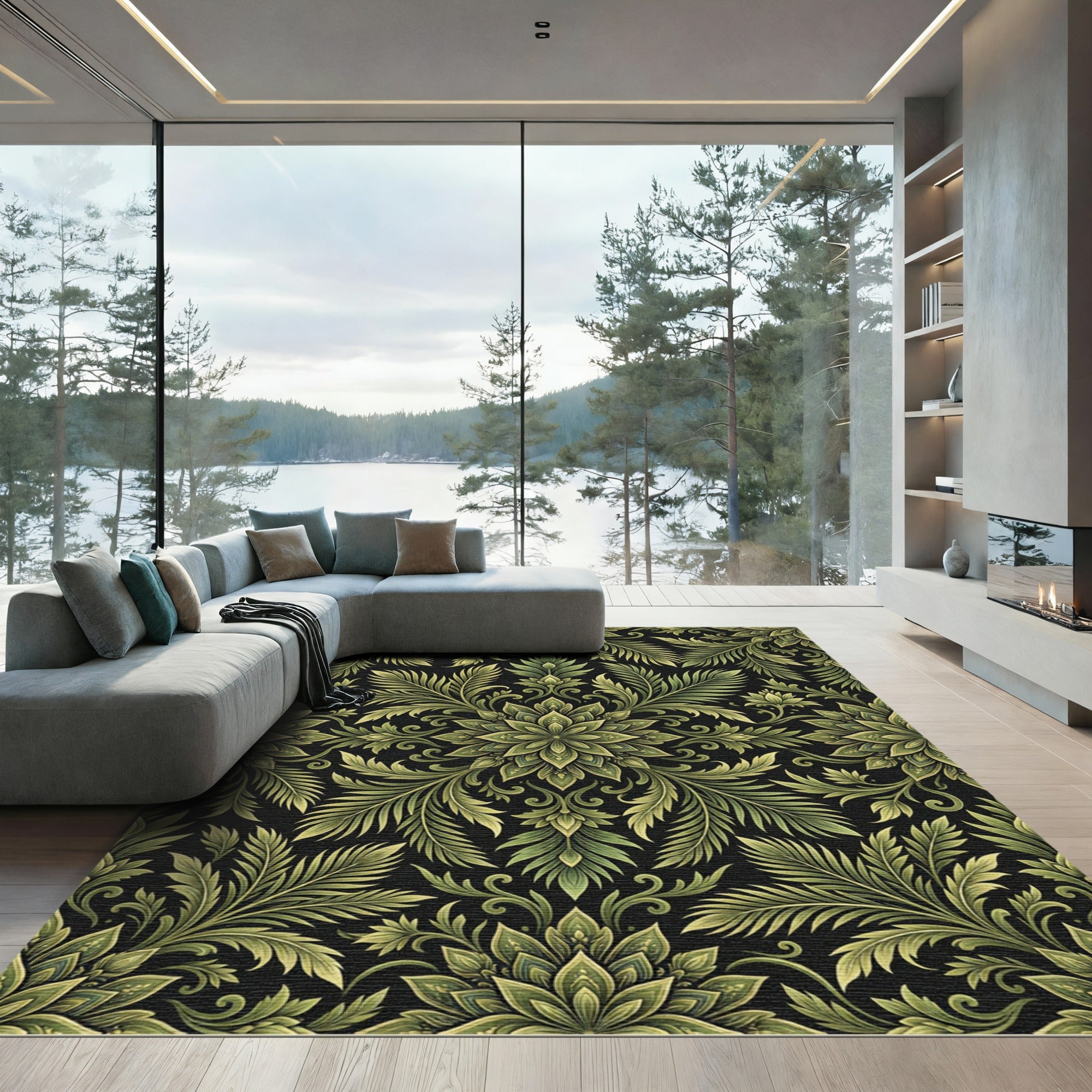 Ornate Greenery Black Medallion Rug
