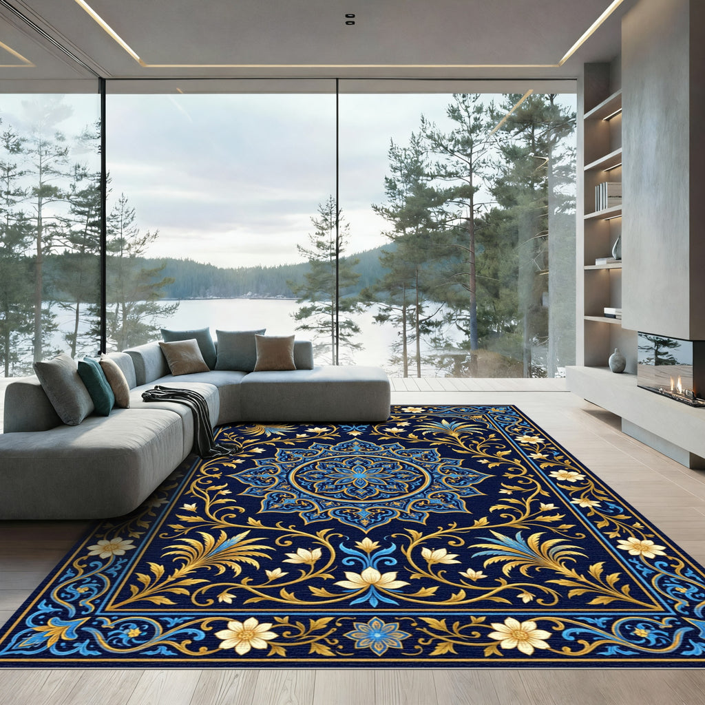 Golden Floral Medallion Navy Ornate Rug