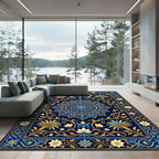 Golden Floral Medallion Navy Ornate Rug