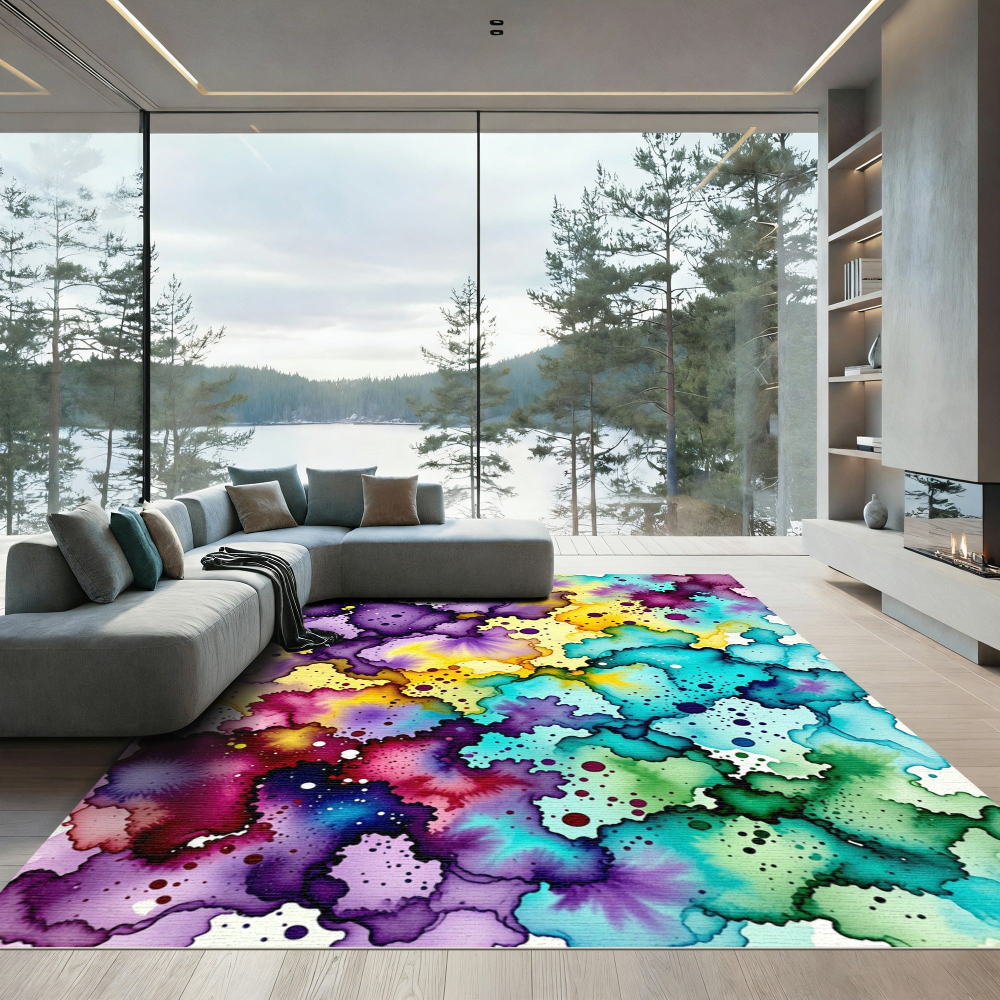Vibrant Watercolor Ink Splatter Flow Rug