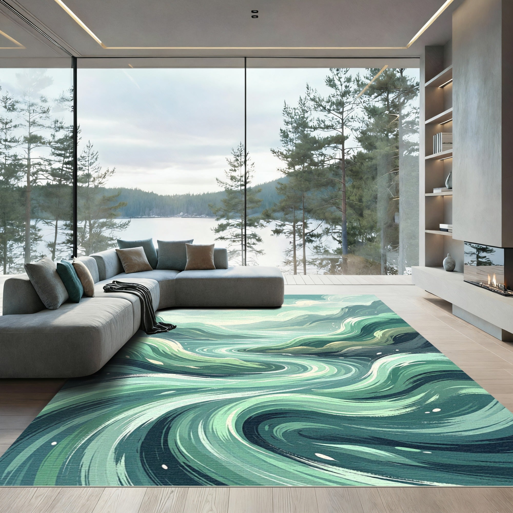 Ethereal Emerald Flowing Mountain River Swirl Rug