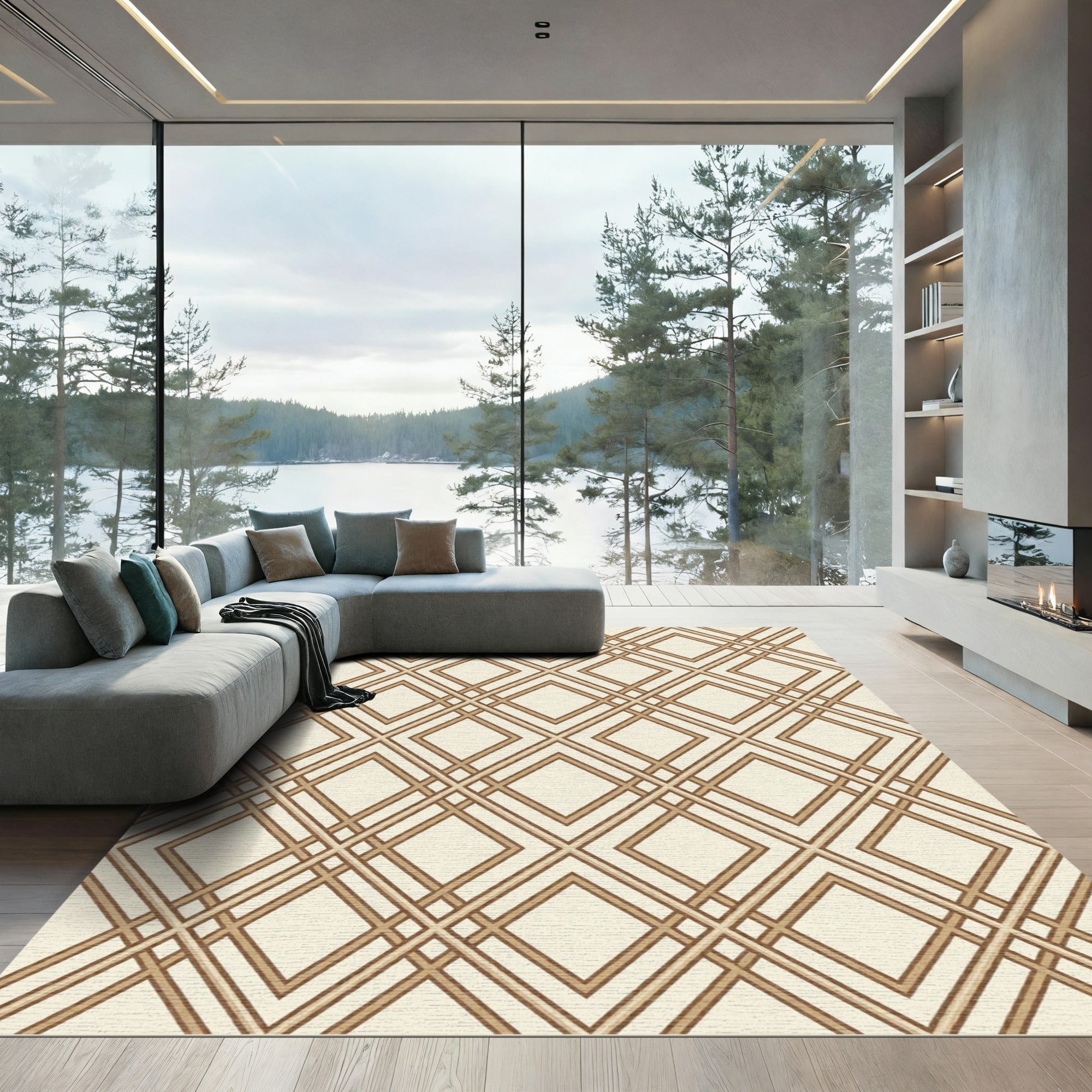 Earthy Taupe Geometric Diamond Grid Rug