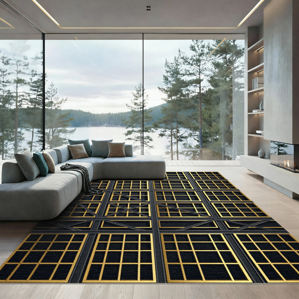 Ornate Gold Grid Window Arrangement Rug