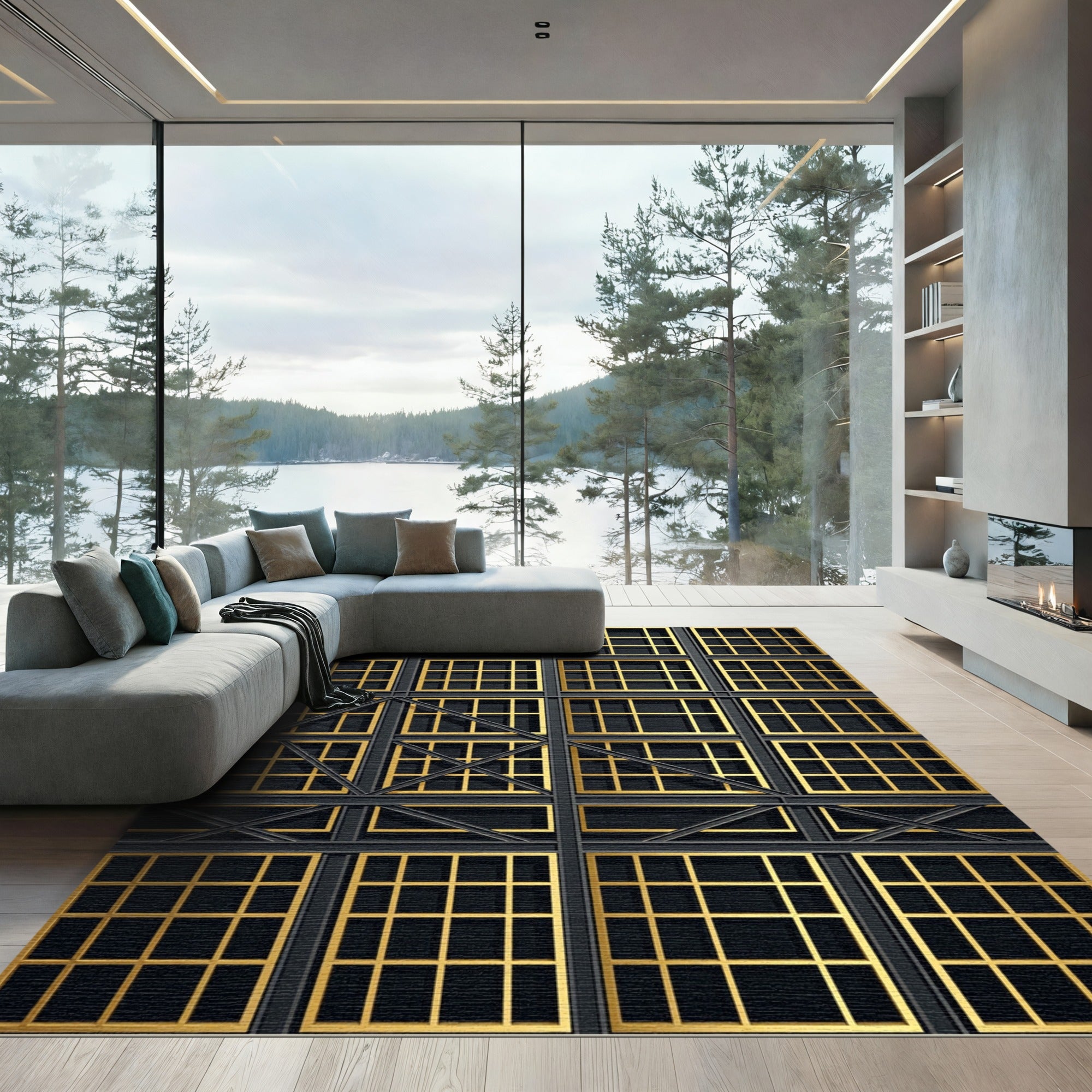Ornate Gold Grid Window Arrangement Rug