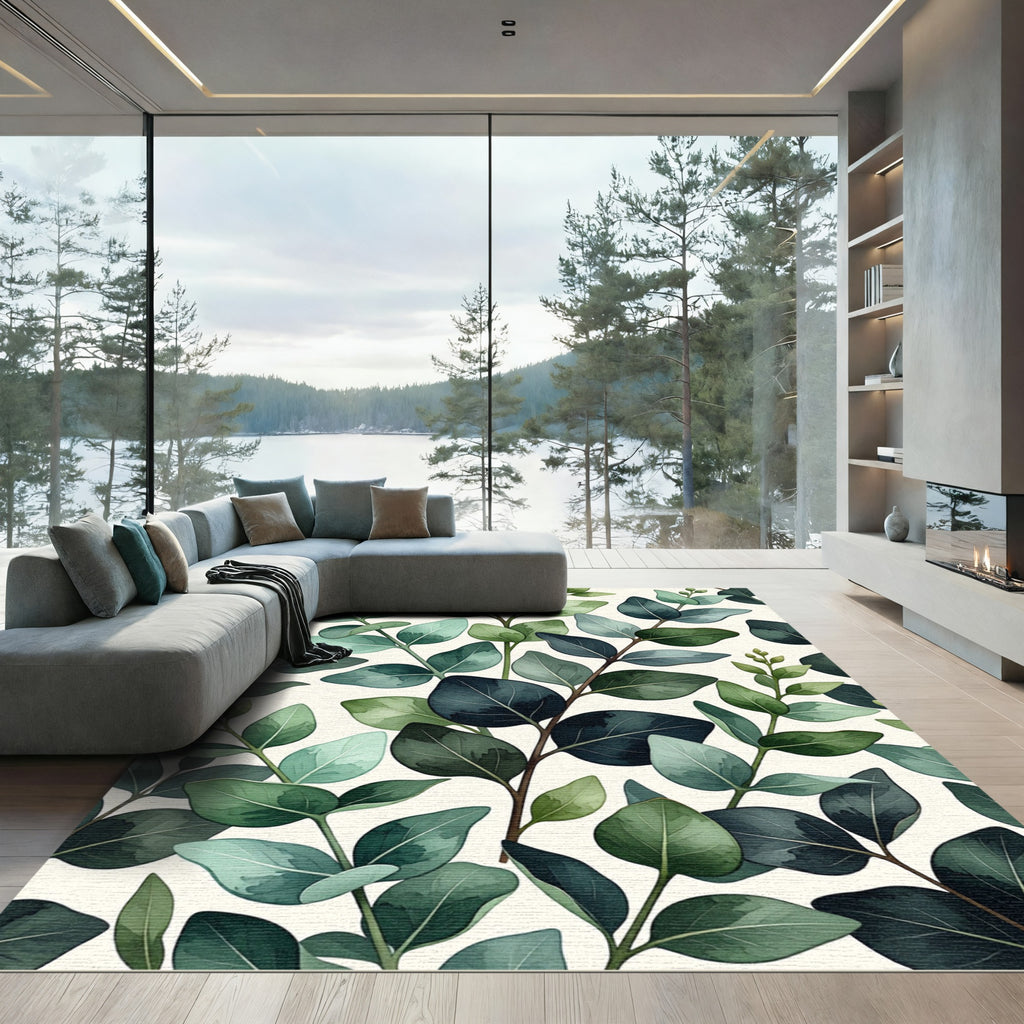 Eucalyptus Leaves Watercolor Botanical Display Rug