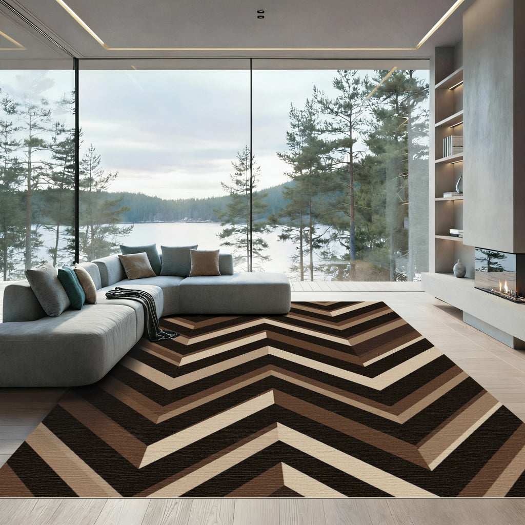 Geometric Chevron Earthy Brown Layers Rug