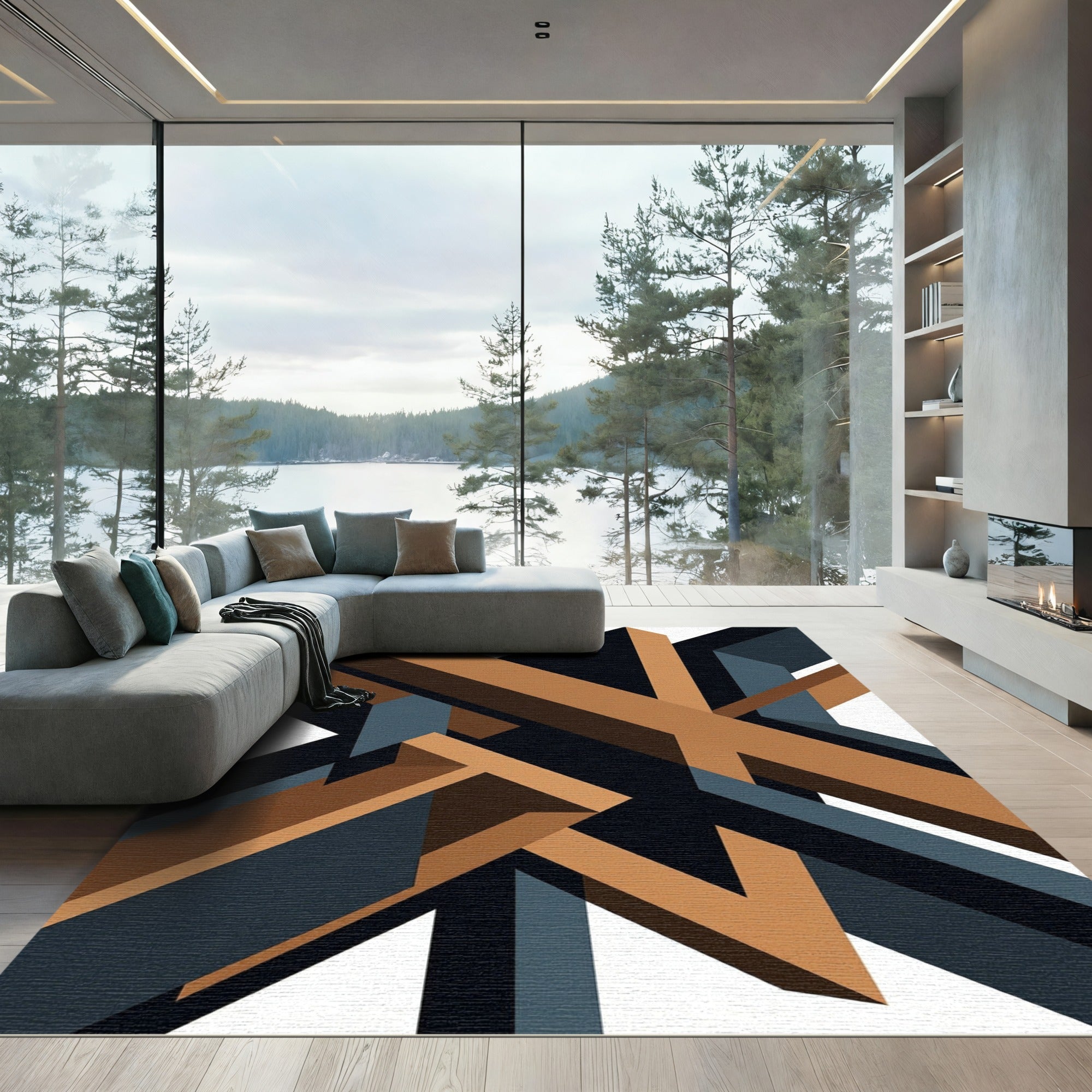 Geometric Bronze and Charcoal Abstract Structure Rug