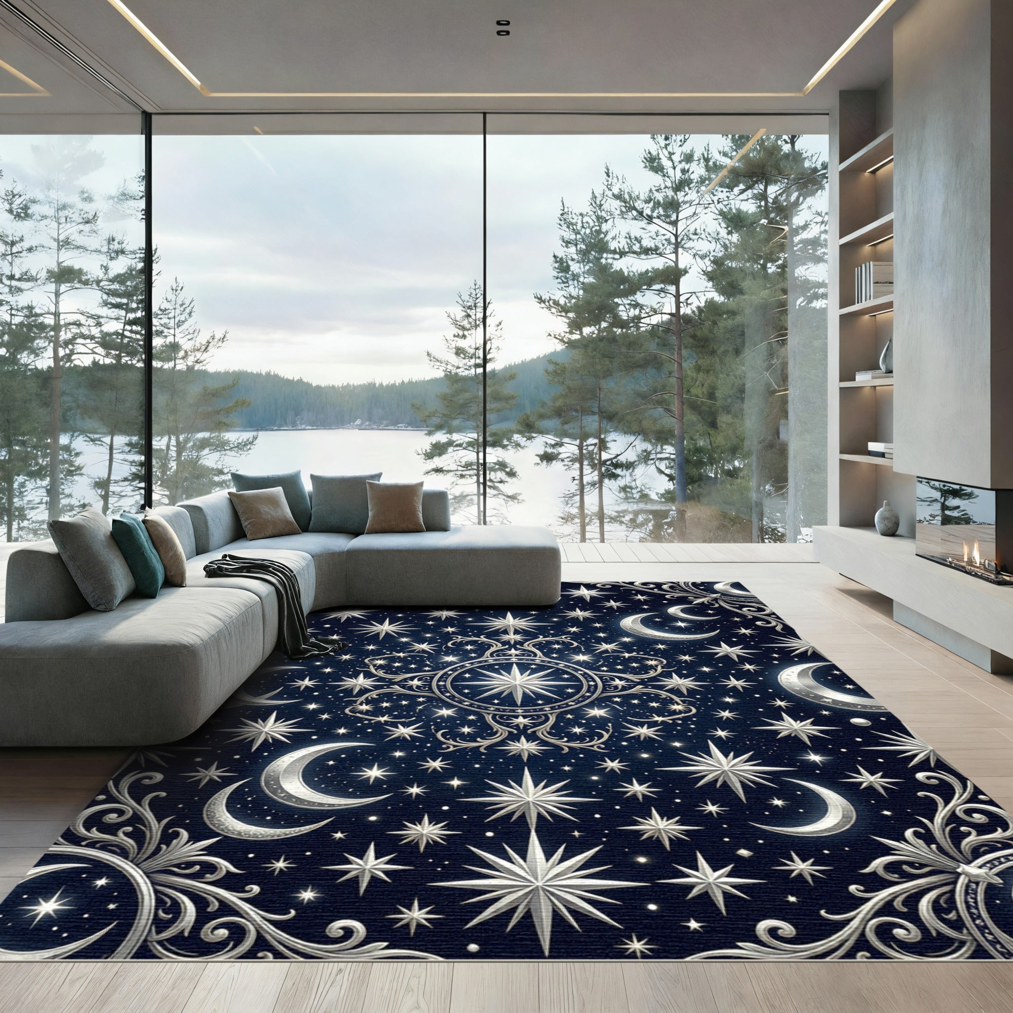 Celestial Silver Moon and Starry Night Rug