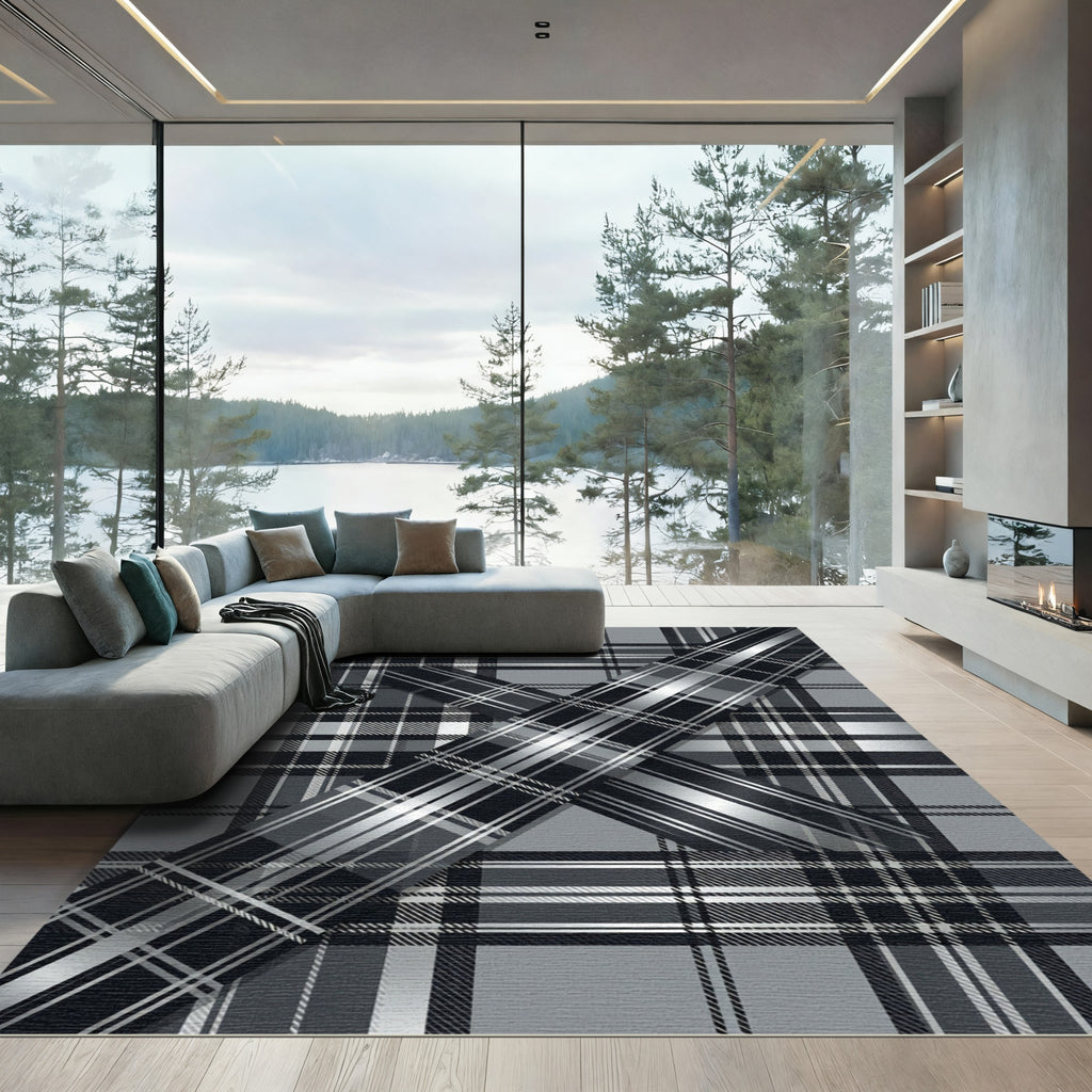 Monochrome Plaid Layered Cross Abstract Rug