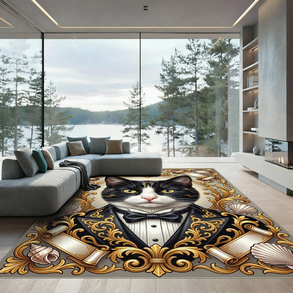 Elegant Black White Tuxedo Cat Portrait Rug