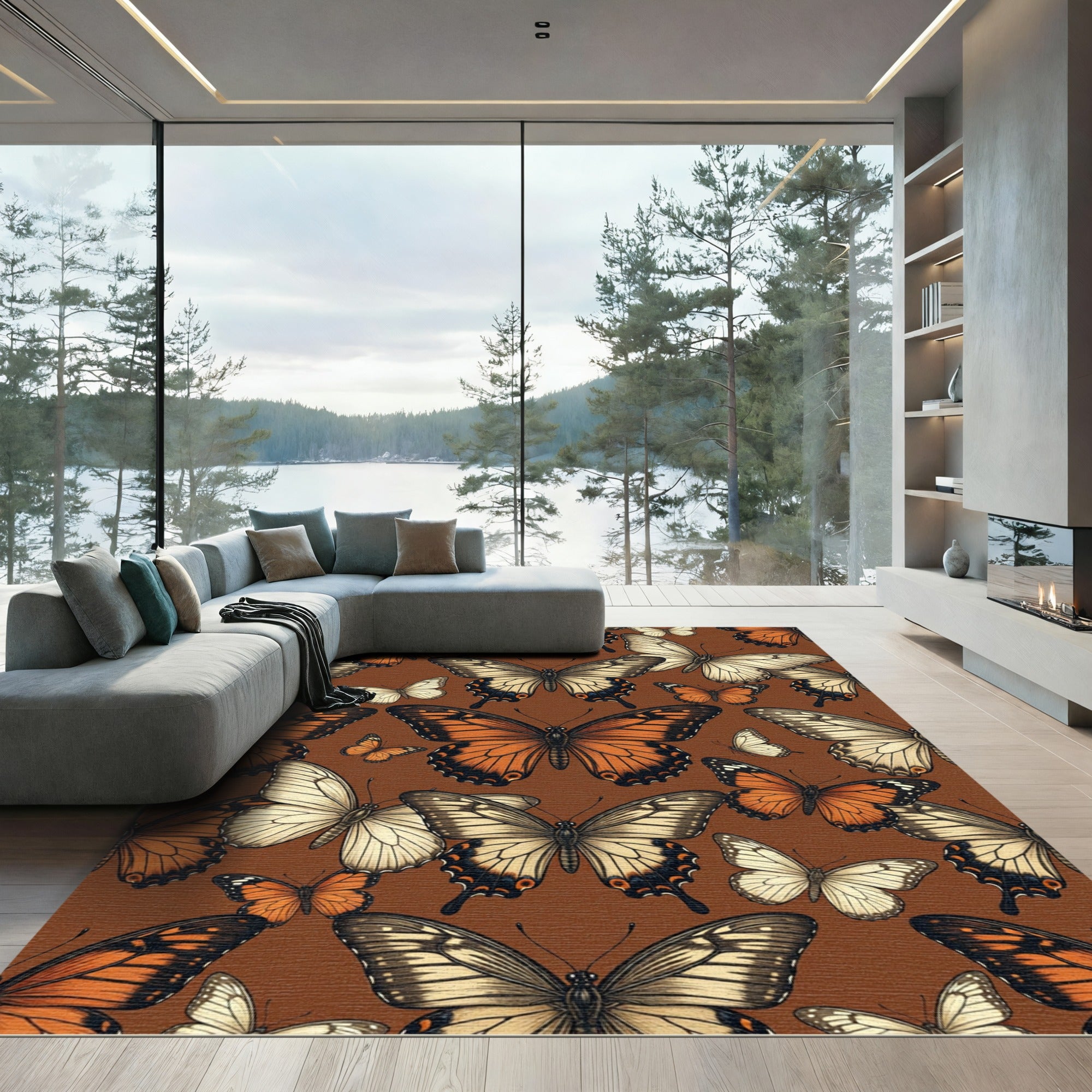 Earthy Amber Enchanted Butterfly Garden Rug