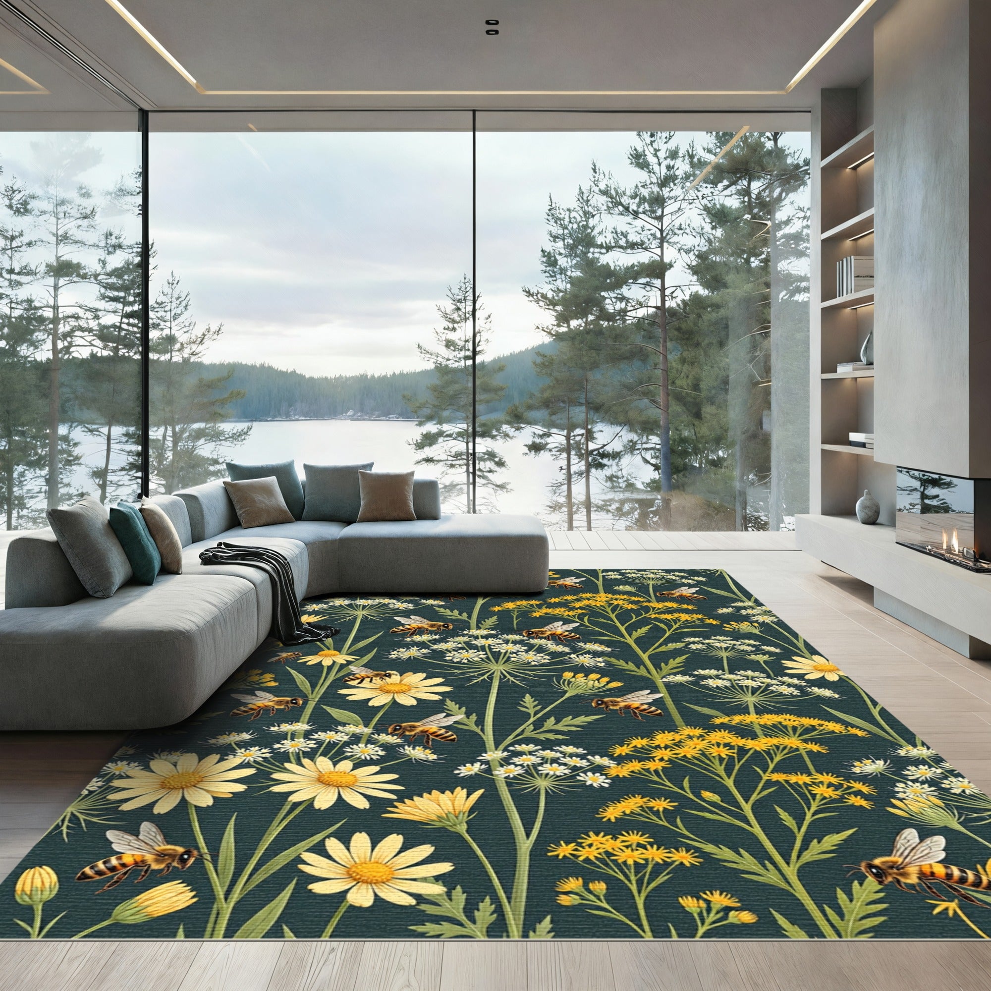 Honey Bee Garden Meadow Dark Teal Rug
