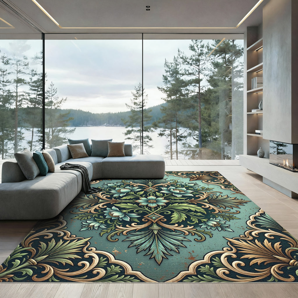 Teal Floral Scrollwork Vintage Medallion Rug