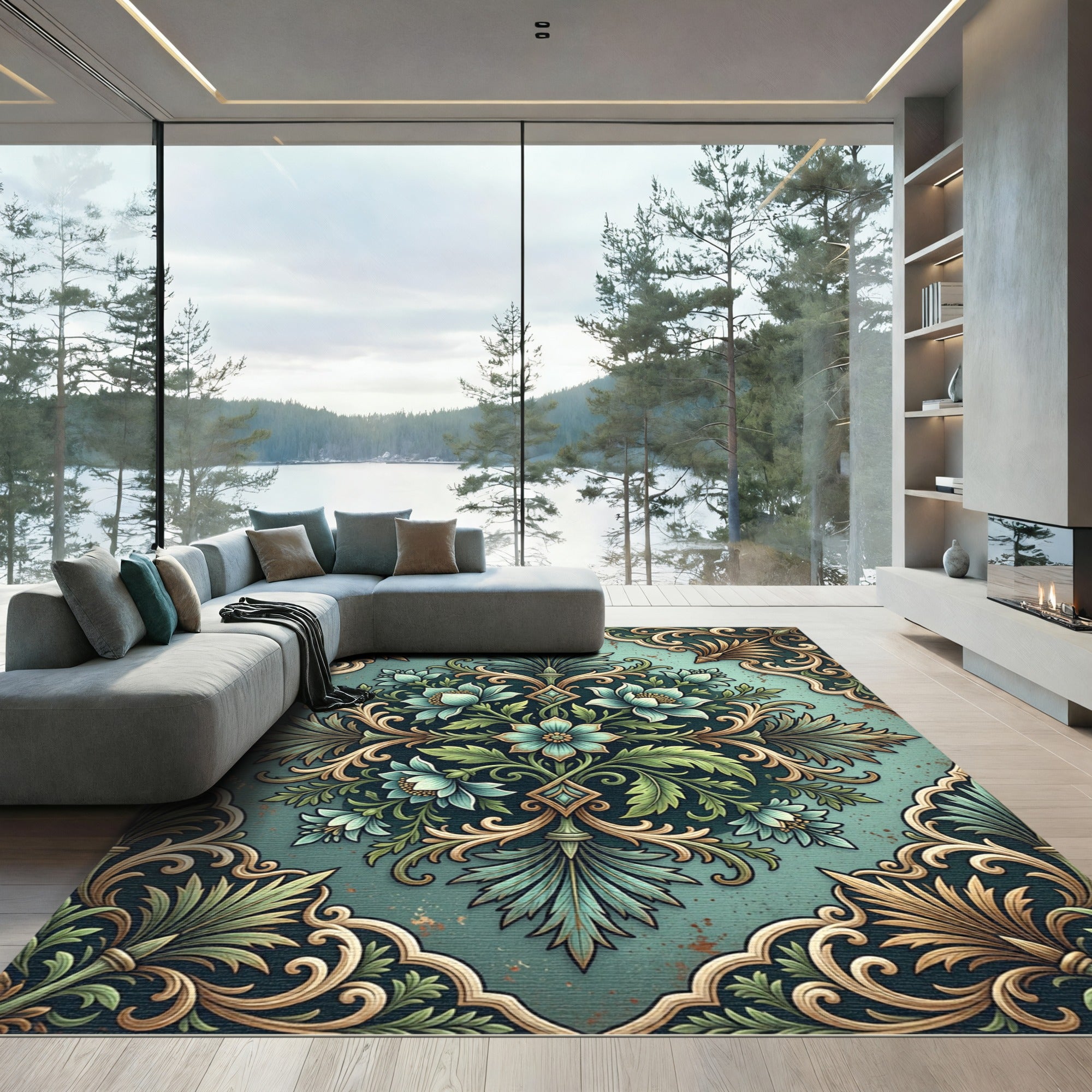 Teal Floral Scrollwork Vintage Medallion Rug