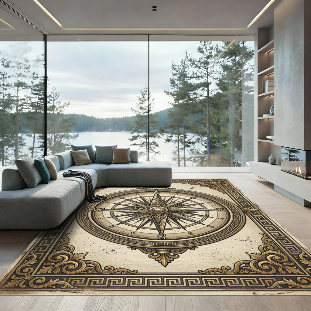 Antique Gold Compass Nautical Framed Map Rug