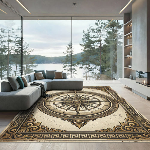Antique Gold Compass Nautical Framed Map Rug