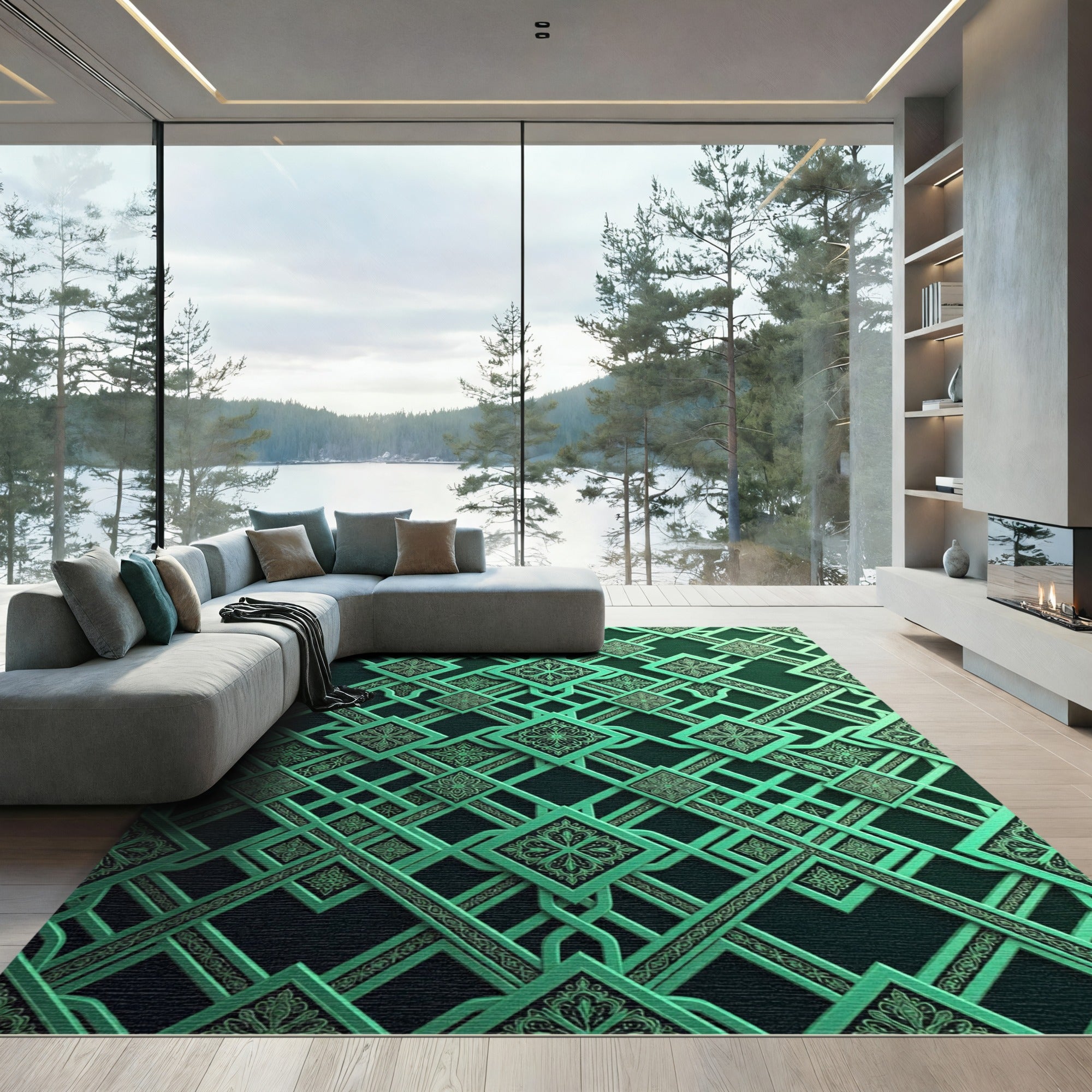Emerald Geometric Interlaced Lattice Medallion Rug