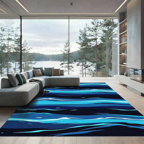 Abstract Navy and Cyan Oceanic Waves Rug