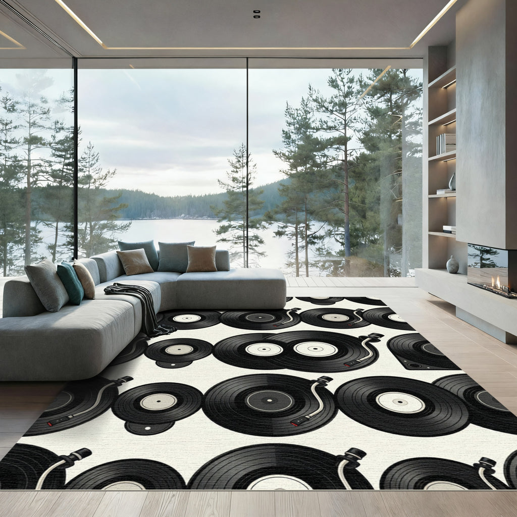 Retro Vinyl Record Monochrome Illustration Rug