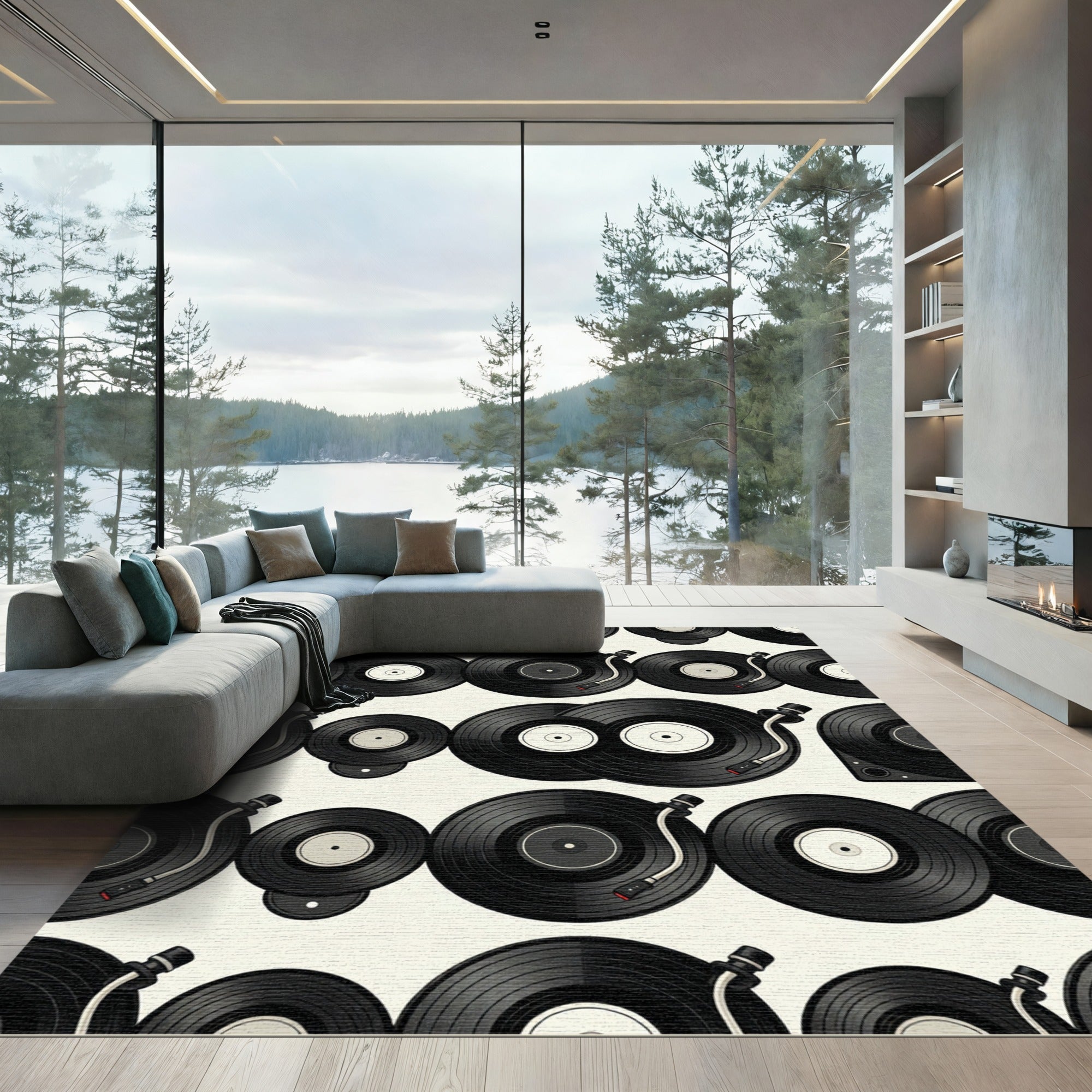 Retro Vinyl Record Monochrome Illustration Rug