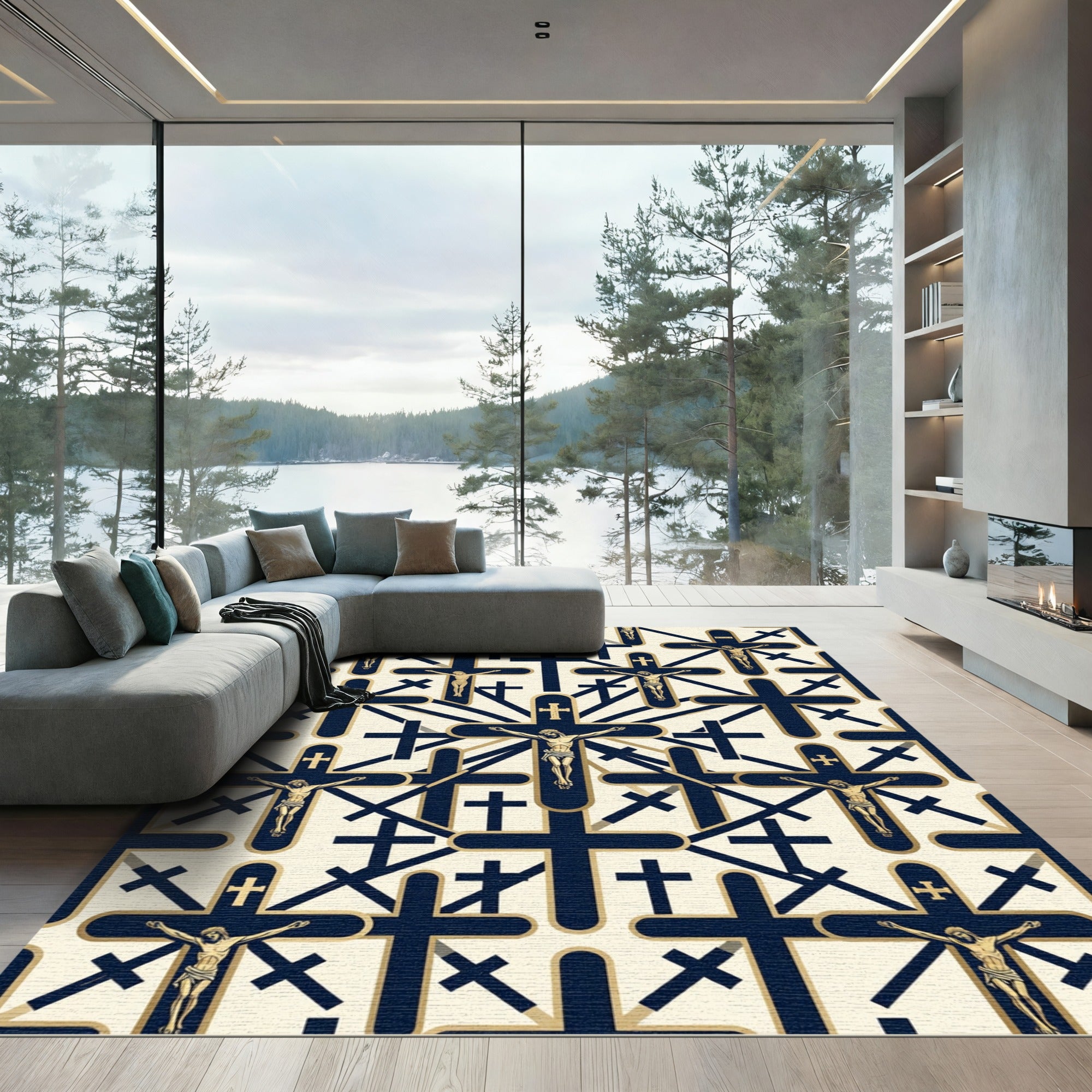 Navy and Gold Religious Icon Rug