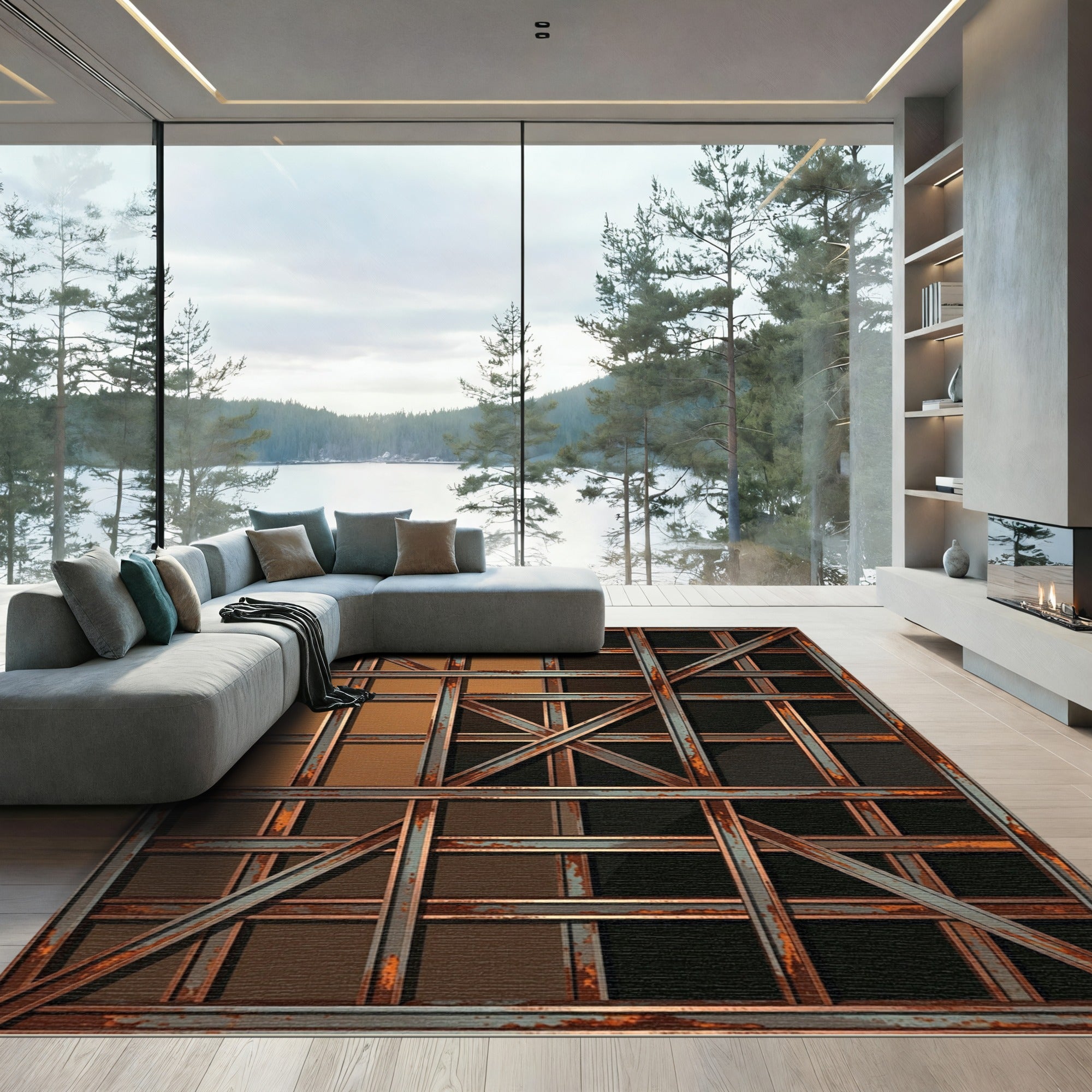 Industrial Rusty Metal Grid Abstract Rug