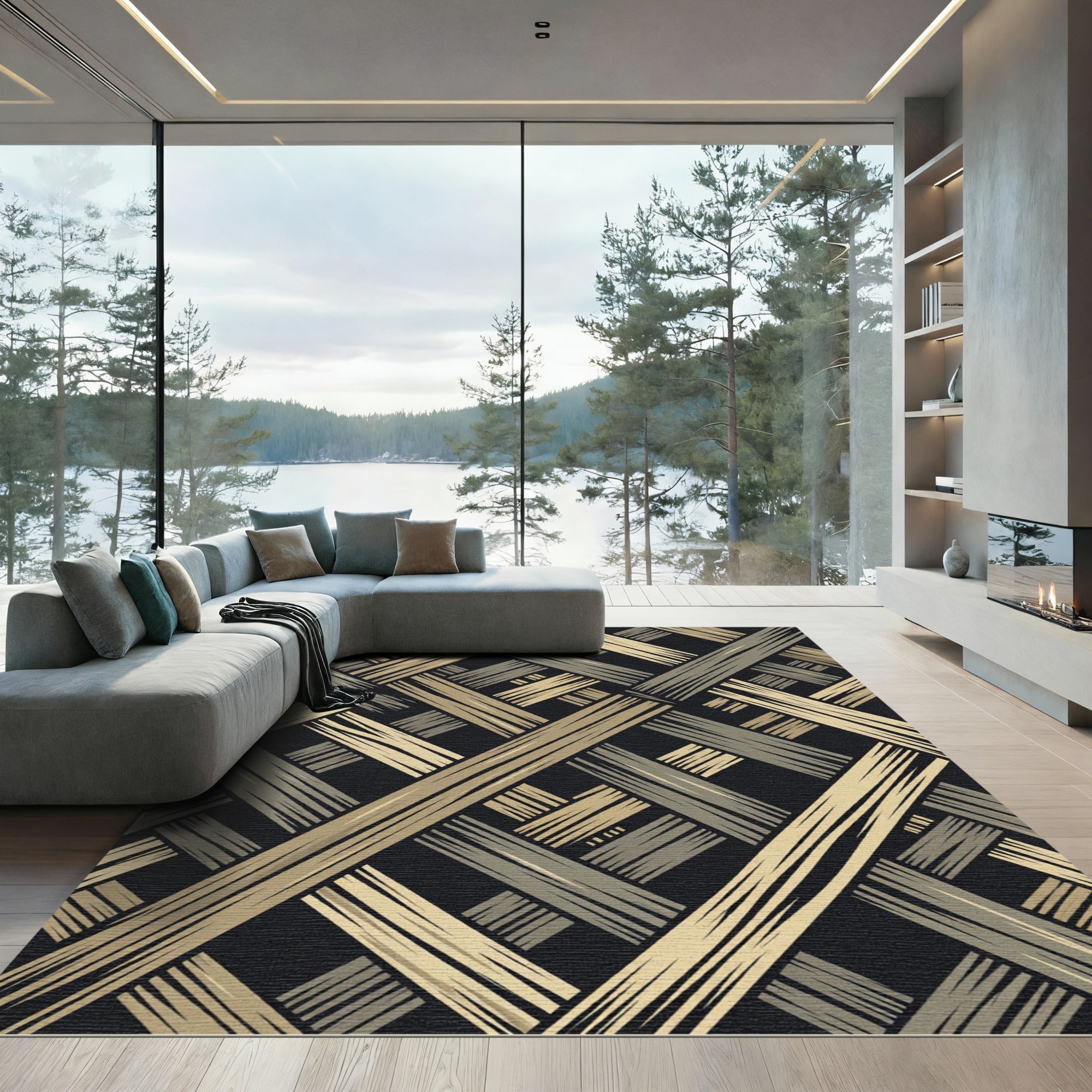 Abstract Gold and Gray Woven Texture Rug