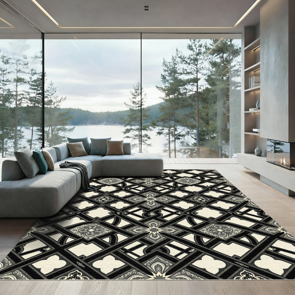 Gothic Black and Cream Lattice Tile Rug