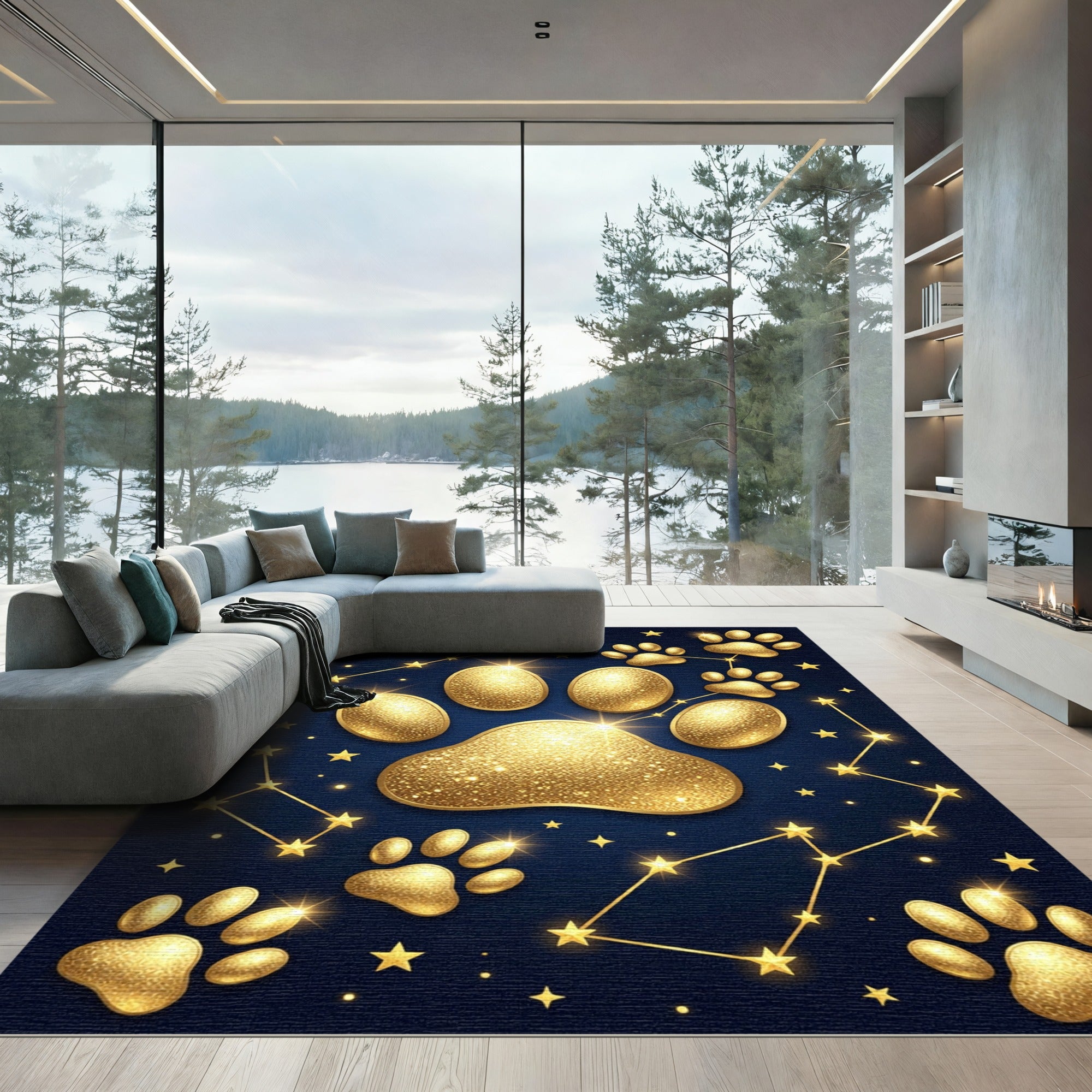 Golden Celestial Animal Paw Constellation Rug