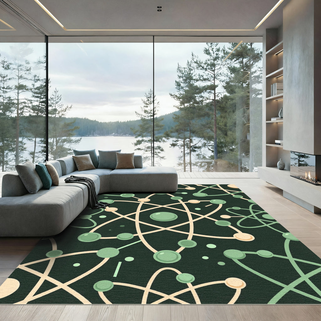 Minimalist Sage Green Atomic Orbit Illustration Rug