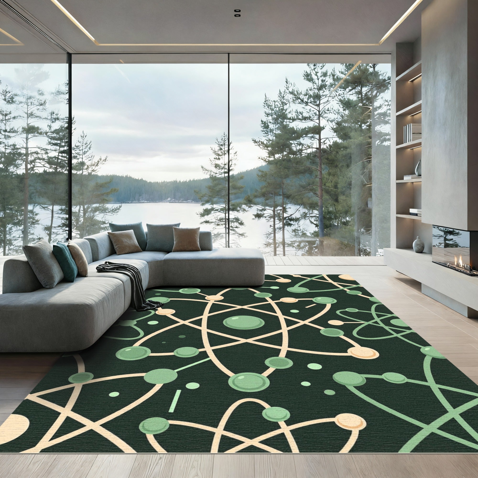 Minimalist Sage Green Atomic Orbit Illustration Rug