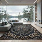 Ornate Silver Gold Damask Medallion Rug