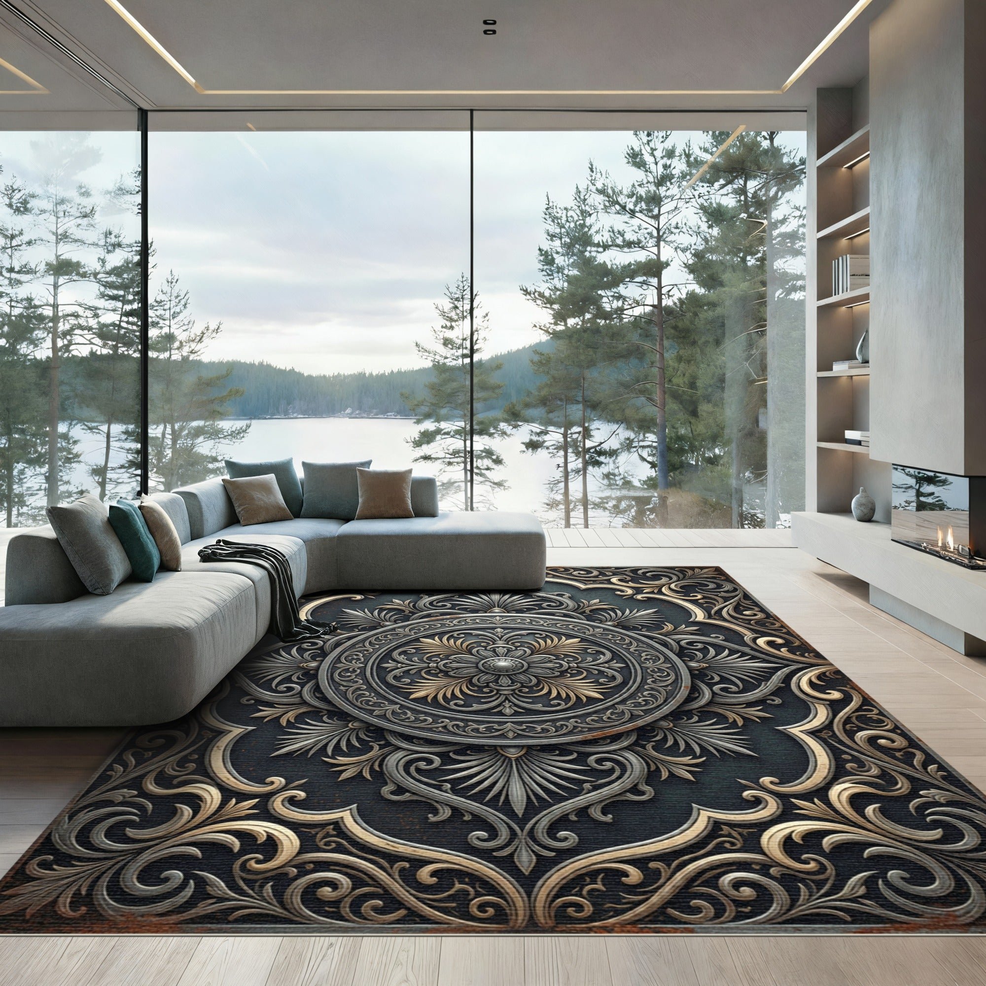 Ornate Silver Gold Damask Medallion Rug