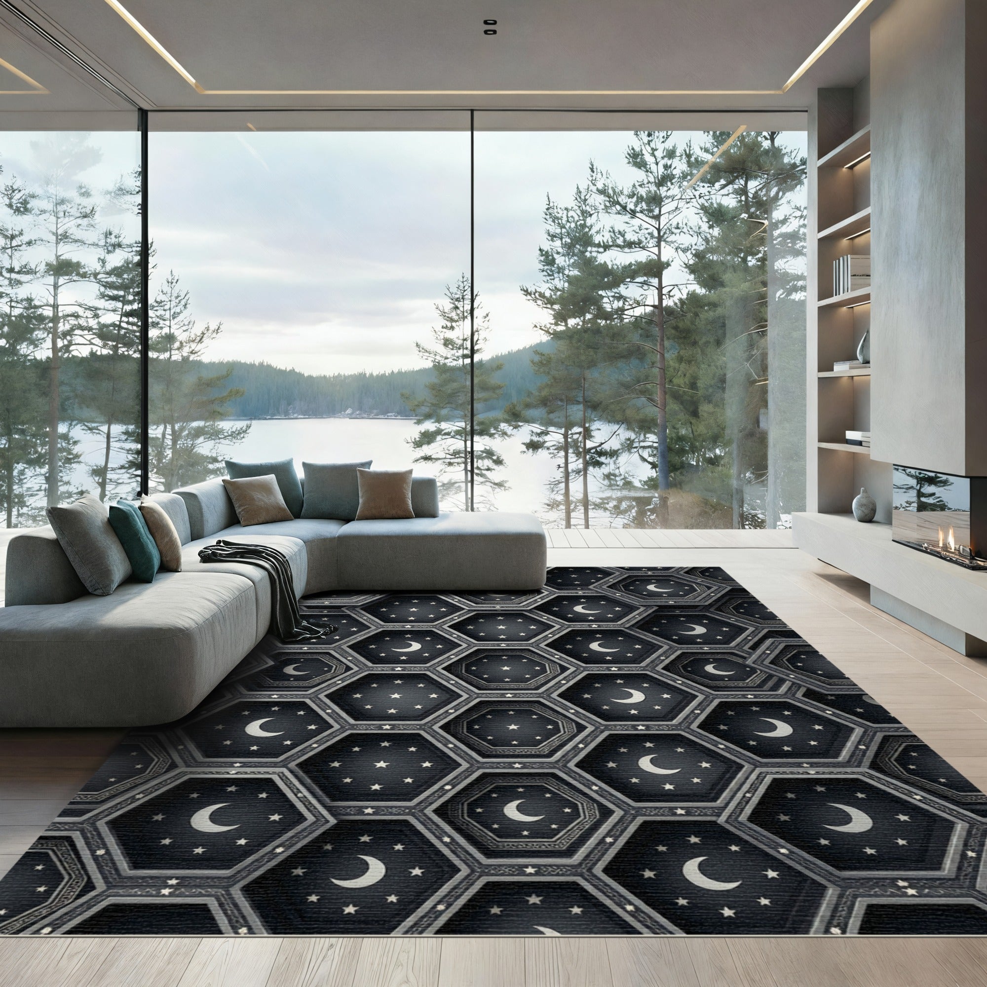 Dark Hexagonal Moon Starscape Rug