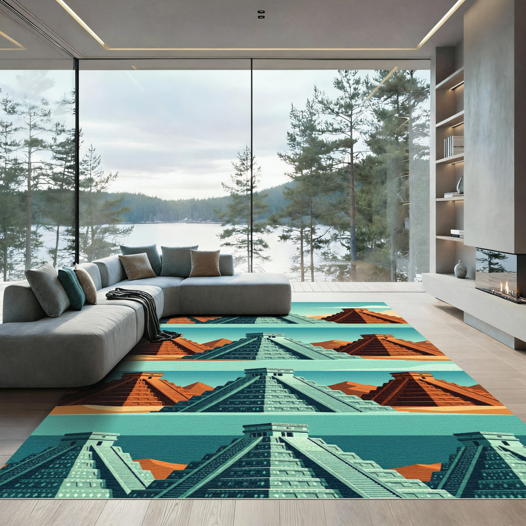 Ancient Terracotta Aqua Step Pyramid Horizon Rug