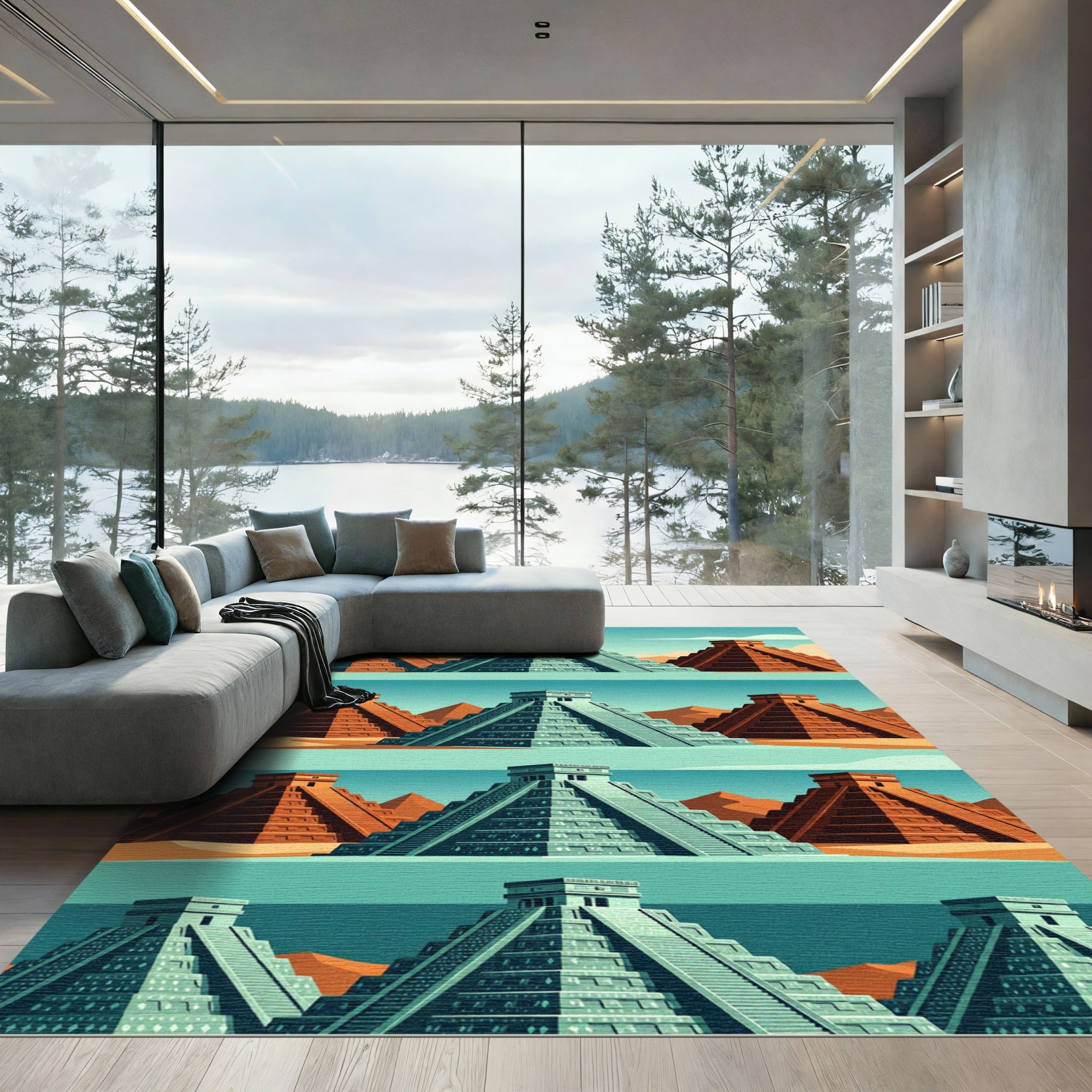 Ancient Terracotta Aqua Step Pyramid Horizon Rug