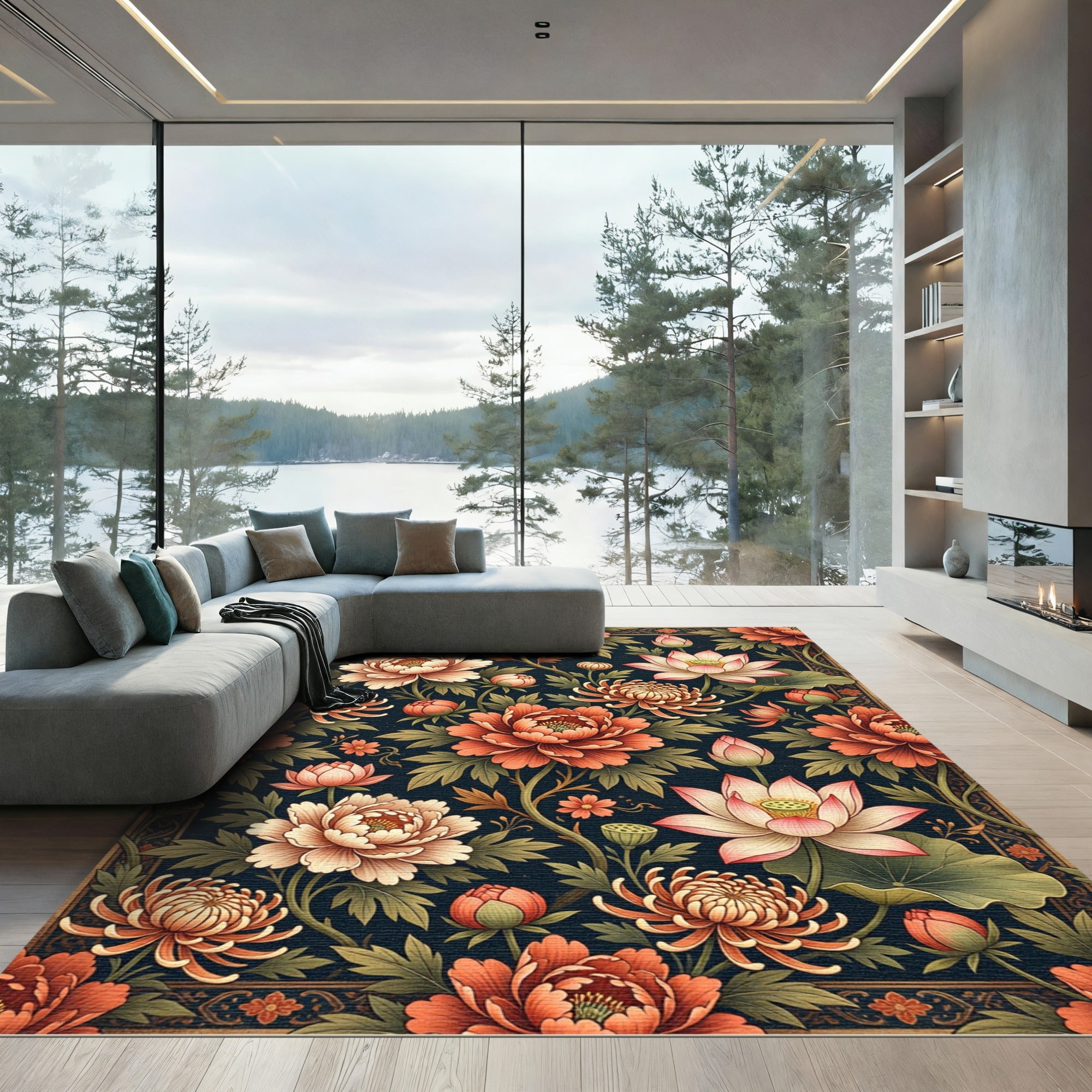 Ornate Peach Lotus Floral Dark Backdrop Rug