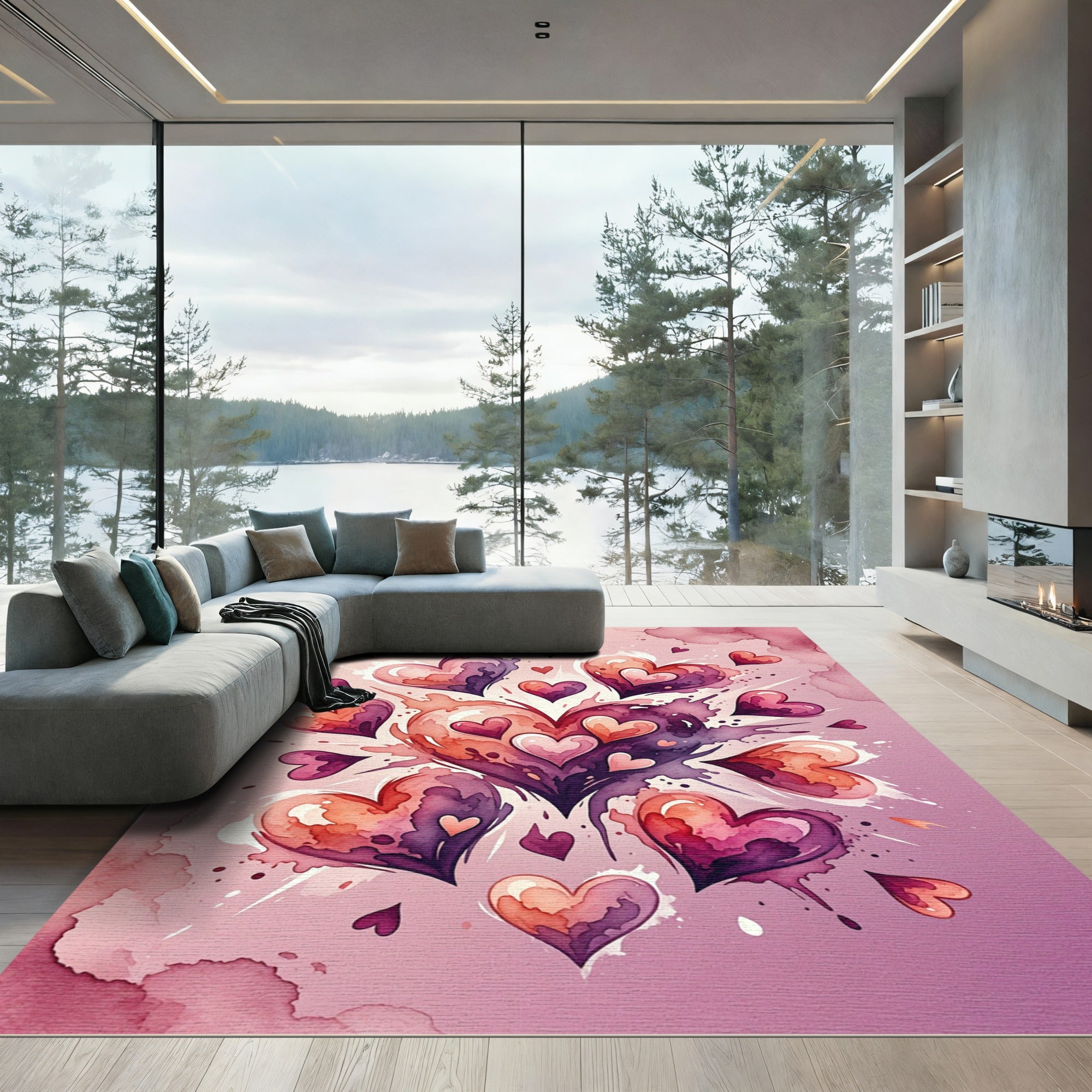 Watercolor Gradient Hearts Cluster Rug