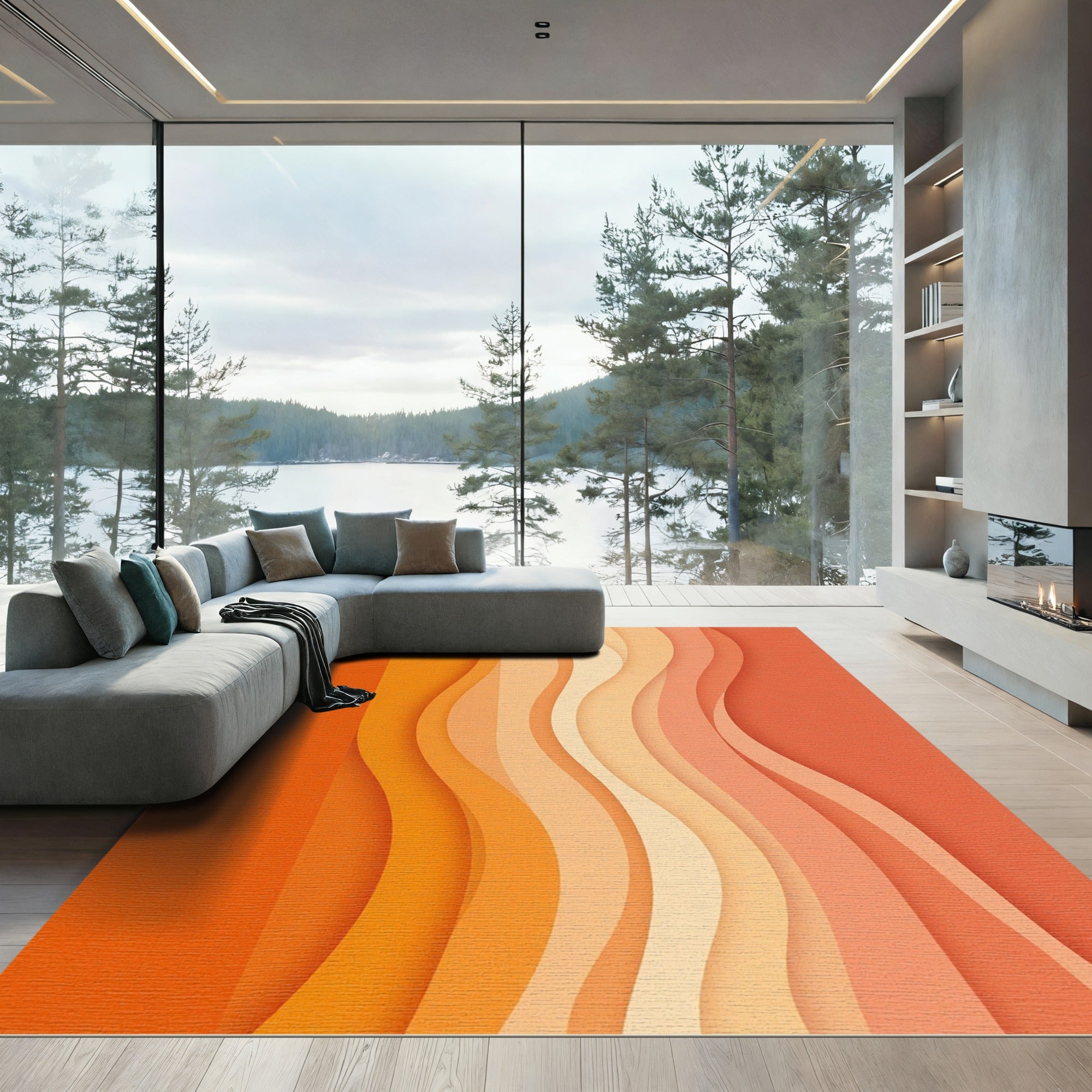 Sunset Orange Gradient Wave Rug