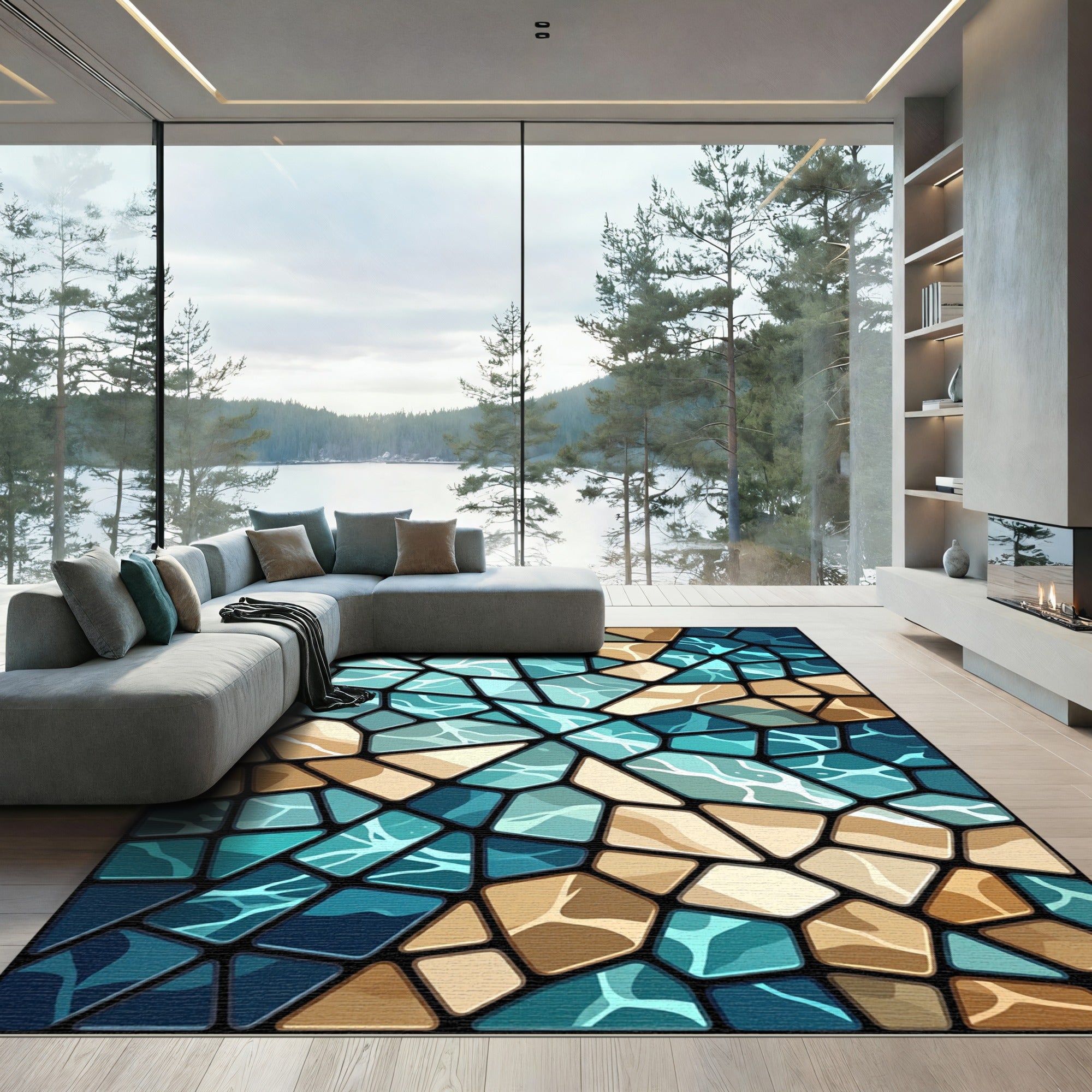 Iridescent Teal Amber Stone Mosaic Rug