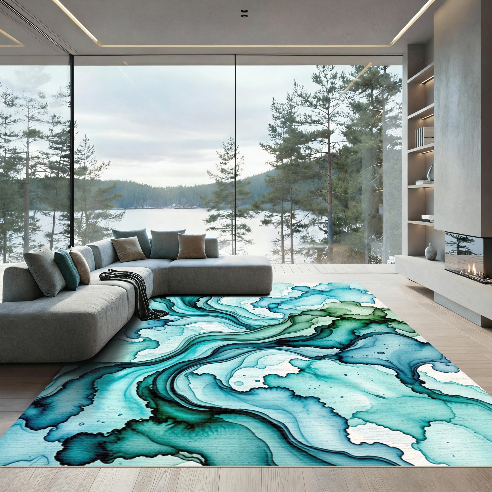 Ethereal Teal and Emerald Fluid Wave Rug