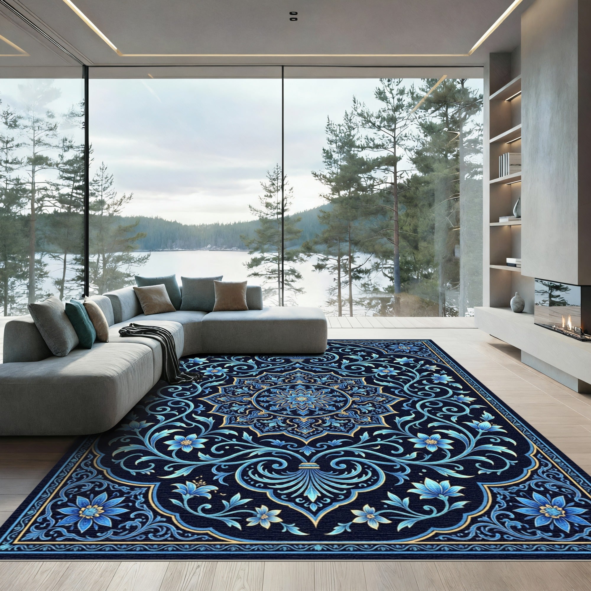 Ornate Sapphire Floral Medallion Scroll Rug