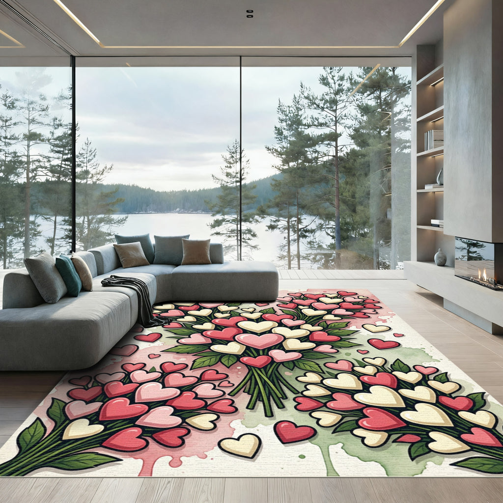 Romantic Pink and White Heart Bouquet Rug